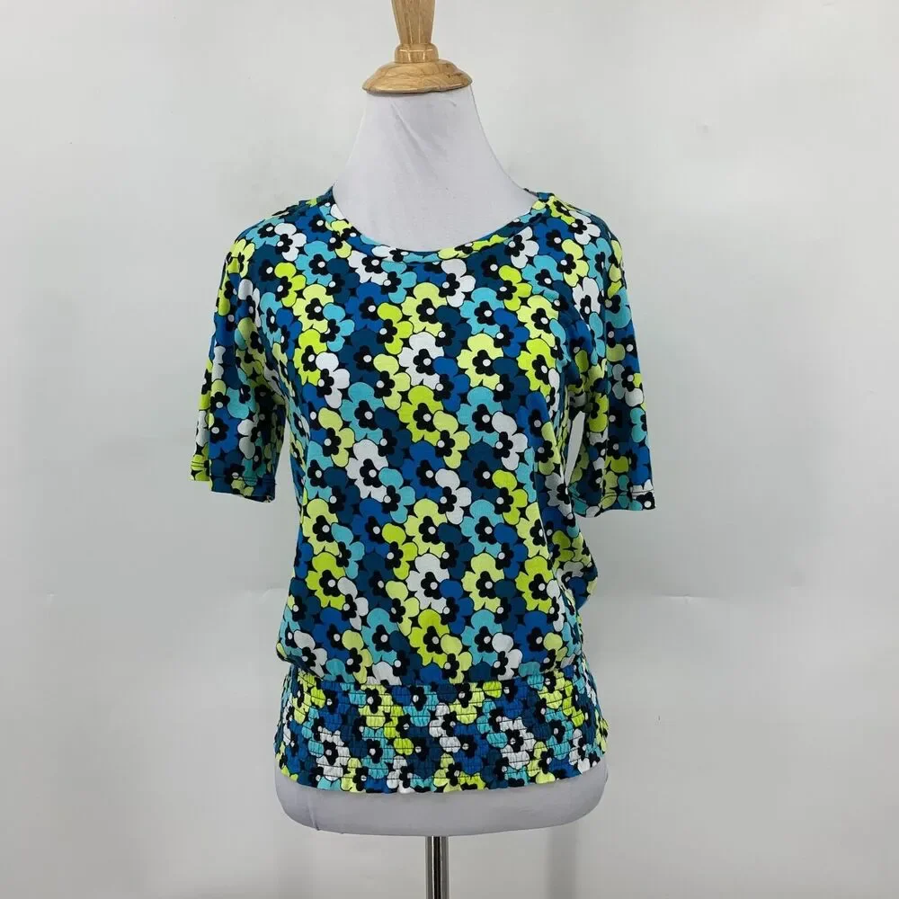 Michael Kors Blouse Womens XS Multi Floral Round Neck Smocked Hem Short Sleeve